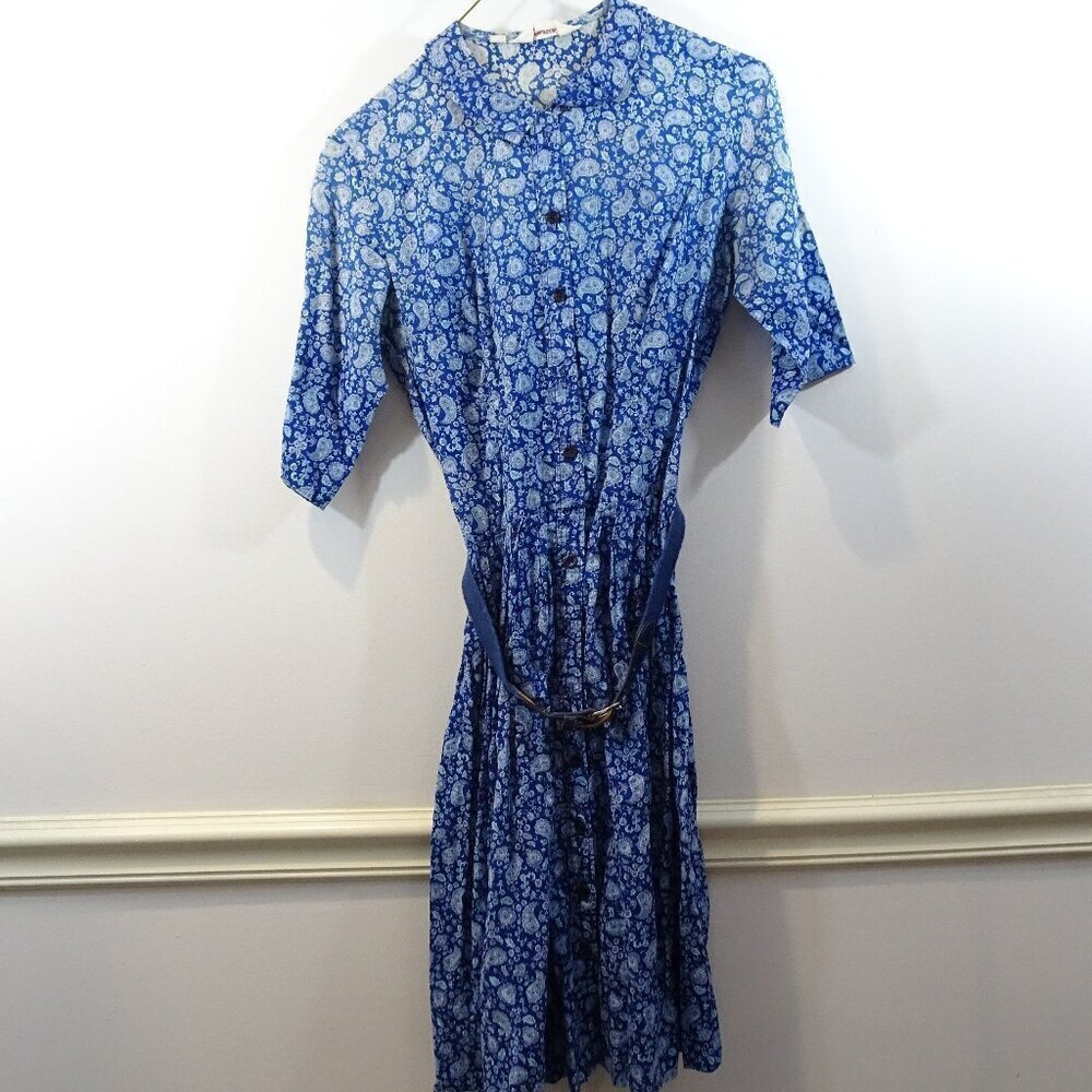 1950’s Country Miss Blue Shirt Dress Size 12 Paisley Print Belted Housewife